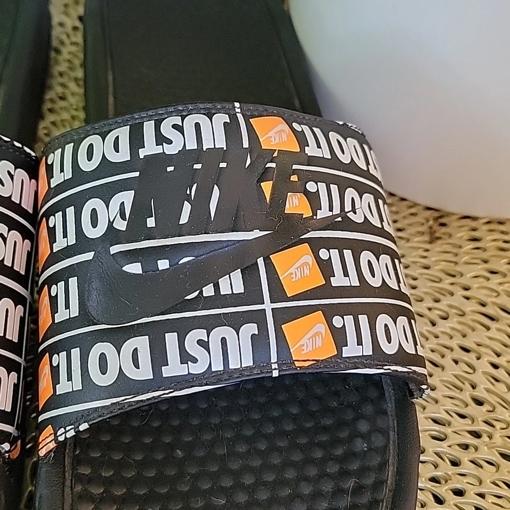 Nike Mens Benassi Just Do It Slide Flat Sandals Black White Orange Size 13
